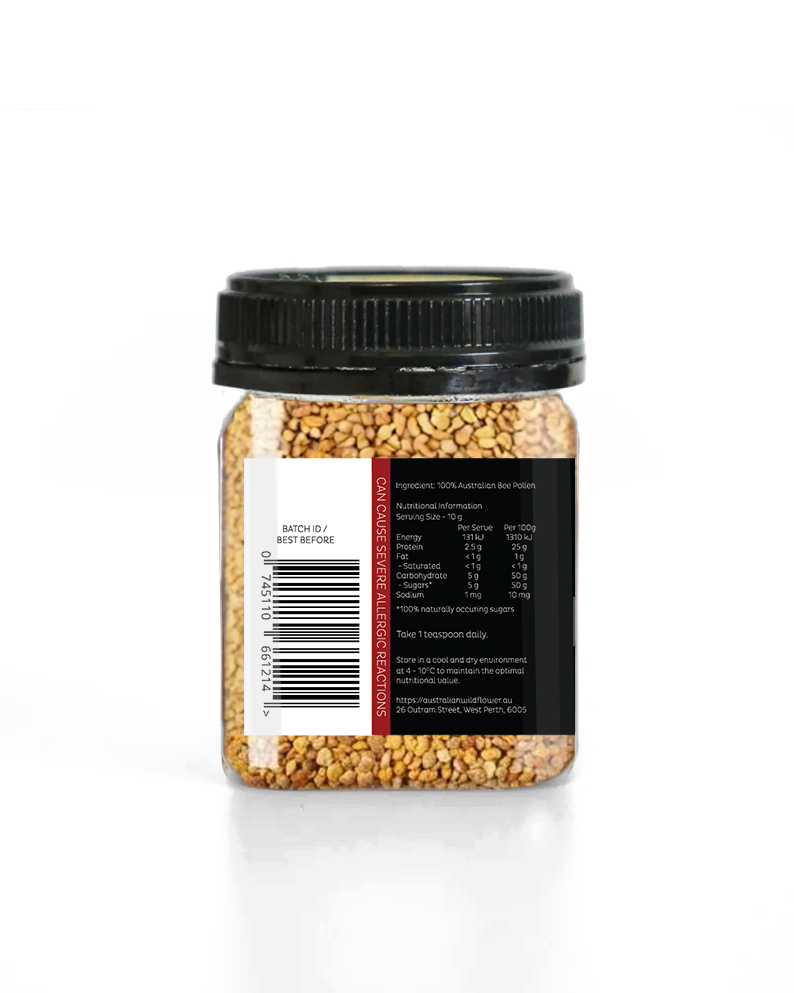 Side view of a 125g PET container premium Bee Pollen from Honey Wholesale in Perth, Western Australia.