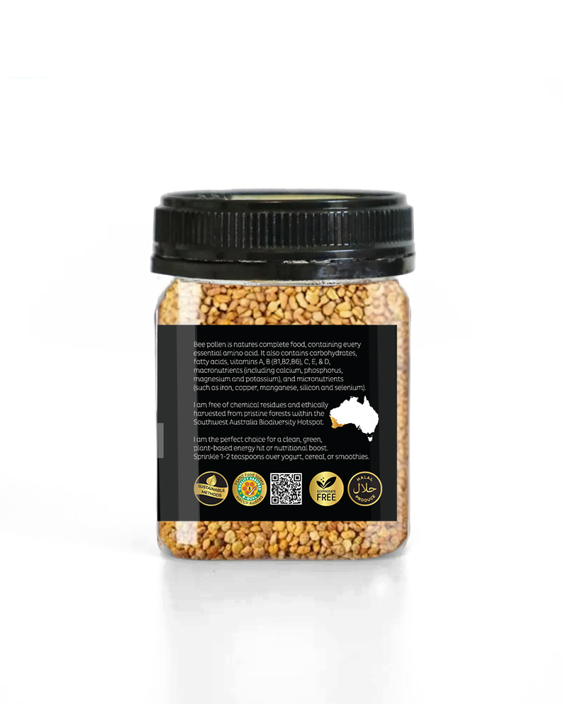 Side view of a 125g PET container premium Bee Pollen from Honey Wholesale in Perth, Western Australia.