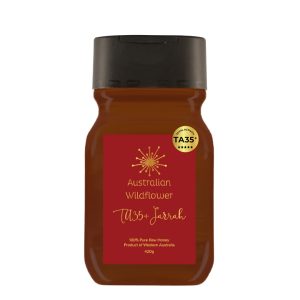 TA35+ Australian Wildflower brand Jarrah honey in a plastic squeeze bottle from Honey Wholesale in Perth, Western Australia.