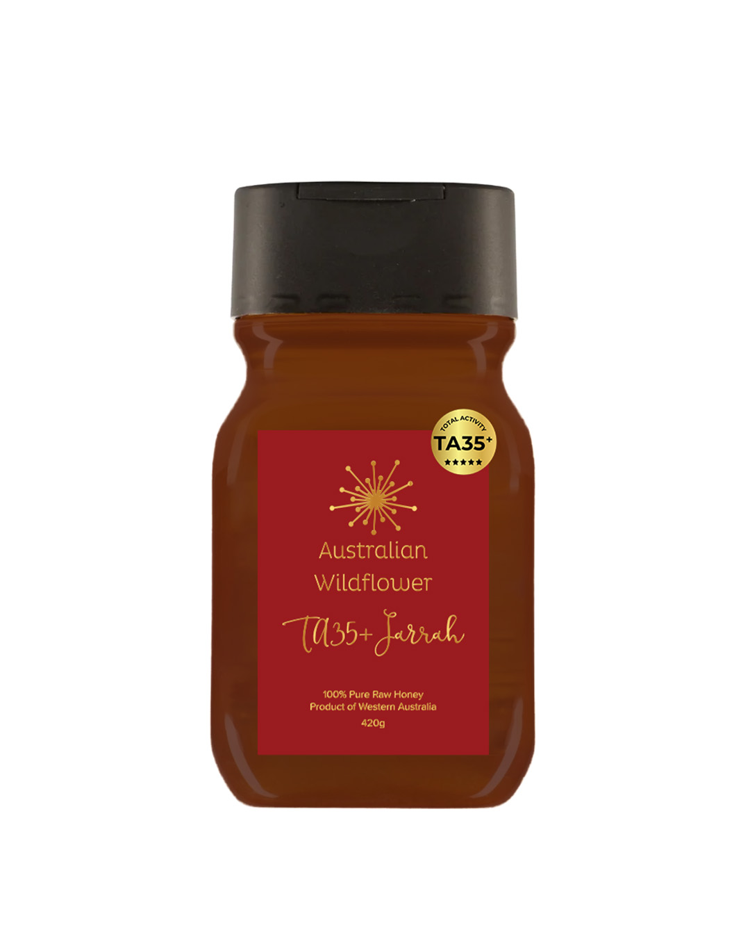 TA35+ Australian Wildflower brand Jarrah honey in a plastic squeeze bottle from Honey Wholesale in Perth, Western Australia.
