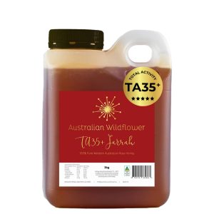 TA35+ Australian Wildflower brand Jarrah honey in a plastic jerry can style container from Honey Wholesale in Perth, Western Australia.