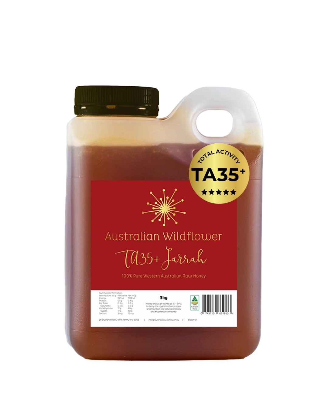TA35+ Australian Wildflower brand Jarrah honey in a plastic jerry can style container from Honey Wholesale in Perth, Western Australia.