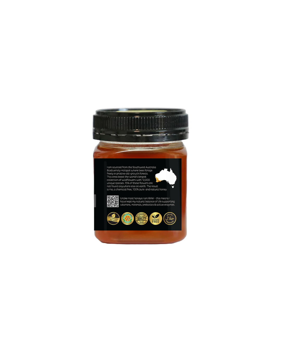 Australian Wildflower brand Single Origin Side view of Western Australian, small batch raw honey in a plastic PET container from Honey Wholesale in Perth, Western Australia.