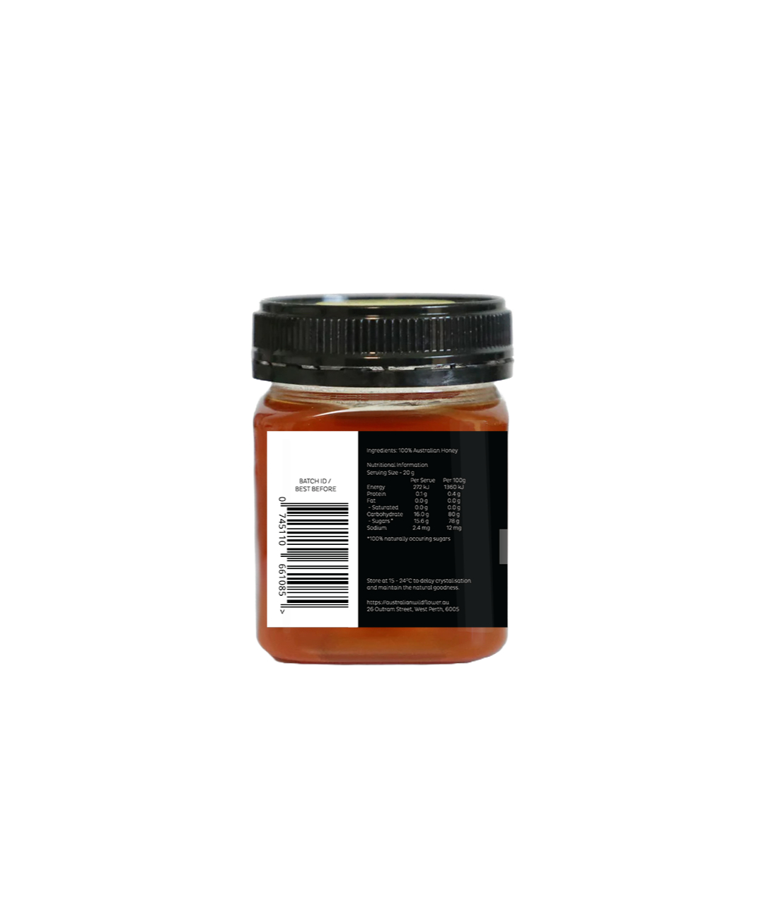 Australian Wildflower brand Single Origin Side view of Western Australian, small batch raw honey in a plastic PET container from Honey Wholesale in Perth, Western Australia.