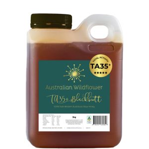 TA35+ Australian Wildflower brand Blackbutt honey in a plastic jerry can style container from Honey Wholesale in Perth, Western Australia.