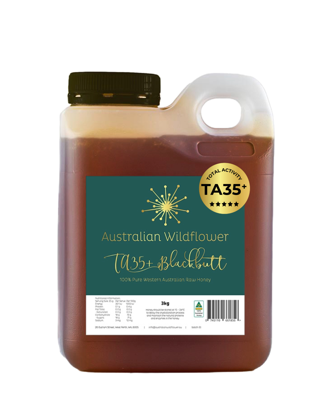 TA35+ Australian Wildflower brand Blackbutt honey in a plastic jerry can style container from Honey Wholesale in Perth, Western Australia.
